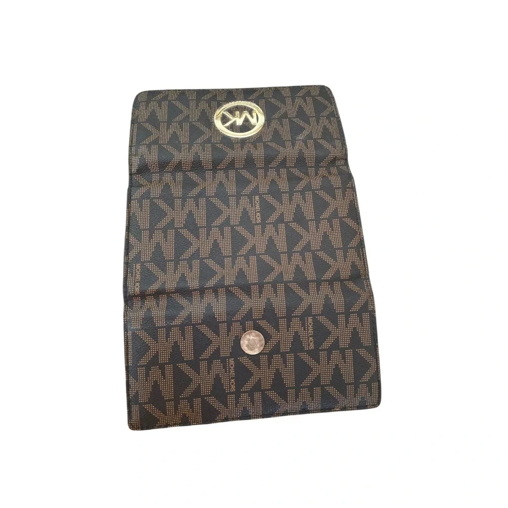 Michael Kors Fulton Flap Continental Wallet Brown Monogram MK Logo Gold Hardware